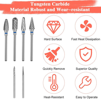 Nail Drill Bits Set Tungsten Steel Nail Bits 1.77 Inches Diamond Cuticle Electric Nail File 6Pcs Nail Art Tools Sanding Bit Set Carbide Remover Bits for Manicure Pedicure Home Salon DIY Apply