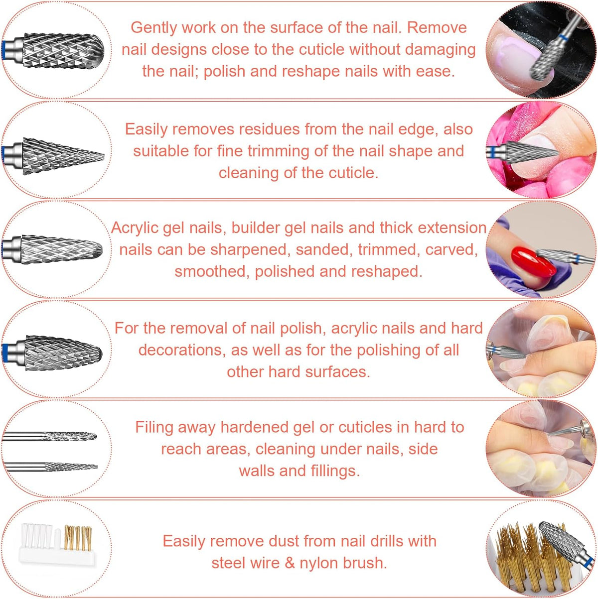 Nail Drill Bits Set Tungsten Steel Nail Bits 1.77 Inches Diamond Cuticle Electric Nail File 6Pcs Nail Art Tools Sanding Bit Set Carbide Remover Bits for Manicure Pedicure Home Salon DIY Apply